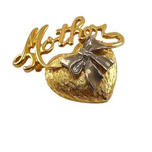 Vintage Gold-Tone Heart "Mother" Brooch Pin With Bow